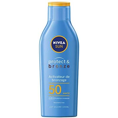 Sun Lait solaire activateur de bronzage Protect & Bronze FPS 50 (1 x 200ml), crème solaire avec protection solaire UVA/UVB pour un hâle naturellement bronzé Sun Lait solaire activateur de bronzage Protect & Bronze FPS 50 (1 x 200ml), crème solaire avec protection solaire UVA/UVB pour un hâle naturellement bronzé