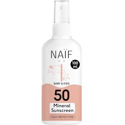 Naïf Minerale zonnespray voor baby's en kinderen, SPF 50, octocryleenvrije spray, UVA- en UVB-bescherming, dermatologisch getest, zonder microplastic, 100 ml Naïf Minerale zonnespray voor baby's en kinderen, SPF 50, octocryleenvrije spray, UVA- en UVB-bescherming, dermatologisch getest, zonder microplastic, 100 ml