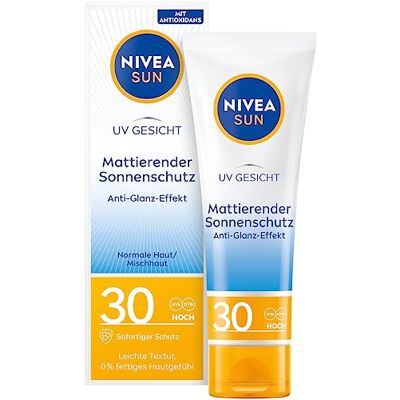 NIVEA Sun Matterende zonnecrème voor het gezicht SPF 30 (50 ml), vetvrije zonnebrandcrème voor het gezicht, onmiddellijke zonnemelk met lichte textuur NIVEA Sun Matterende zonnecrème voor het gezicht SPF 30 (50 ml), vetvrije zonnebrandcrème voor het gezicht, onmiddellijke zonnemelk met lichte textuur