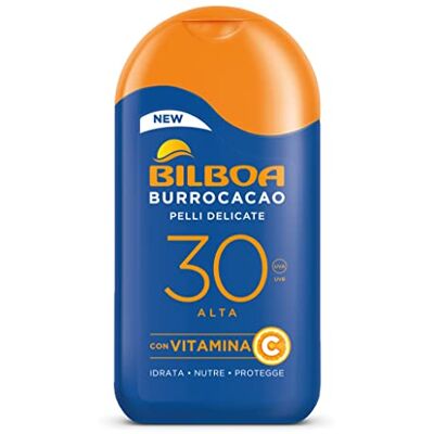 Bilboa Burrocacao Melk SPF 30, hoge zonwering voor de gevoelige huid, formule met vitamine C, hydrateert, voedt en beschermt, dermatologisch getest, 200 ml Bilboa Burrocacao Melk SPF 30, hoge zonwering voor de gevoelige huid, formule met vitamine C, hydrateert, voedt en beschermt, dermatologisch getest, 200 ml