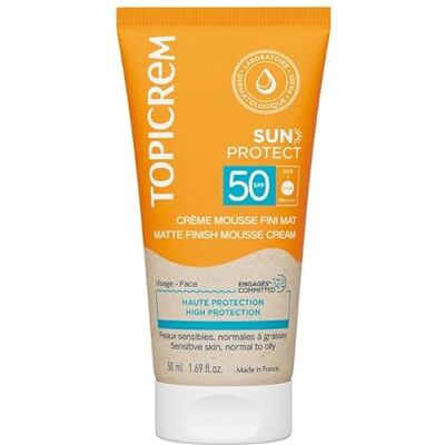 Topicrem Sun Protect, Crème Mousse Fini Mat SPF50 Crème Solaire Visage Haute Protection, Hydrate 24h, Fini Mat Soin Peaux Sensibles, Exposées au Soleil Parfum Ensoleillé 50 ml Topicrem Sun Protect, Crème Mousse Fini Mat SPF50 Crème Solaire Visage Haute Protection, Hydrate 24h, Fini Mat Soin Peaux Sensibles, Exposées au Soleil Parfum Ensoleillé 50 ml