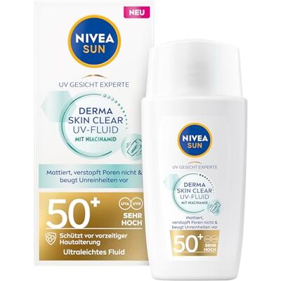 Beiersdorf NIVEA SUN Fluid SPF 50+ zonnebrandcrème, vetvrij, met complex tegen onzuiverheden en niacinamide, voor het gezicht, Expert Derma Skin Clear UV-Fluid SPF 50+ (40 ml) Beiersdorf NIVEA SUN Fluid SPF 50+ zonnebrandcrème, vetvrij, met complex tegen onzuiverheden en niacinamide, voor het gezicht, Expert Derma Skin Clear UV-Fluid SPF 50+ (40 ml)