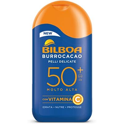 Bilboa Burrocacao Zonnemelk SPF 50+, zeer hoge zonwering voor de gevoelige huid, formule met vitamine C, hydrateert, voedt en beschermt, dermatologisch getest, 200 ml Bilboa Burrocacao Zonnemelk SPF 50+, zeer hoge zonwering voor de gevoelige huid, formule met vitamine C, hydrateert, voedt en beschermt, dermatologisch getest, 200 ml