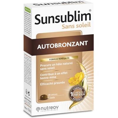 Nutreov Sunsublim Zonder zon, zelfbruiner Voedingssupplement op basis van natuurlijke werkzame stoffen Gemaakt in Frankrijk 28 capsules Nutreov Sunsublim Zonder zon, zelfbruiner Voedingssupplement op basis van natuurlijke werkzame stoffen Gemaakt in Frankrijk 28 capsules