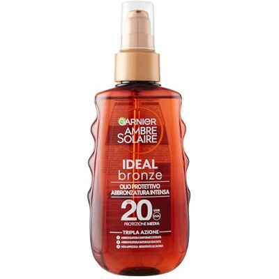 Garnier Beschermende olie bruiningsspray, gemiddelde bescherming SPF 20+, gouden en intensieve bruining, zonbeschermde en omarmde huid, waterbestendig, zonnebarnsteen, ideaal brons, 150 ml Garnier Beschermende olie bruiningsspray, gemiddelde bescherming SPF 20+, gouden en intensieve bruining, zonbeschermde en omarmde huid, waterbestendig, zonnebarnsteen, ideaal brons, 150 ml