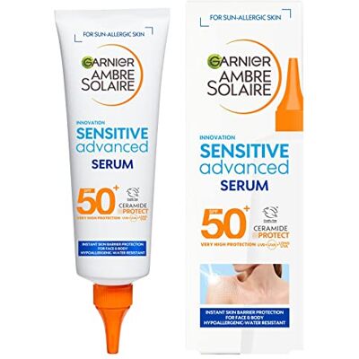 Garnier Ambre Solaire Zonbeschermingsserum SPF 50+ gezicht en lichaam, niet plakkerig, vetvrije vloeibare textuur, zonder witte pleisters, Sensitive Advanced, 125 ml Garnier Ambre Solaire Zonbeschermingsserum SPF 50+ gezicht en lichaam, niet plakkerig, vetvrije vloeibare textuur, zonder witte pleisters, Sensitive Advanced, 125 ml