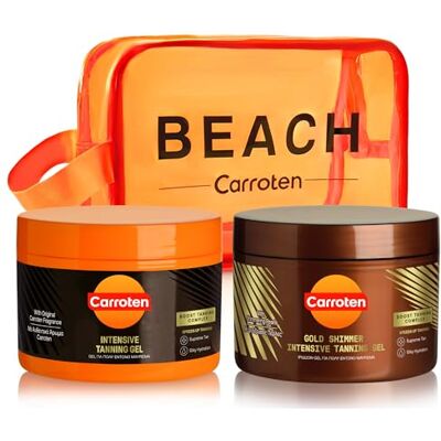 Carroten Set van 2 bruiningsversnellers: bruiningsset met Gold Tanning Gel 150 ml en intensieve bruiningsgel, 150 ml, inclusief toilettas Carroten Set van 2 bruiningsversnellers: bruiningsset met Gold Tanning Gel 150 ml en intensieve bruiningsgel, 150 ml, inclusief toilettas