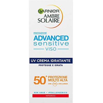 Garnier Ambre Solaire UV-gezichtscrème, hydraterend, Advanced Sensitive, SPF 50+, zeer hoge bescherming, 50 ml Garnier Ambre Solaire UV-gezichtscrème, hydraterend, Advanced Sensitive, SPF 50+, zeer hoge bescherming, 50 ml