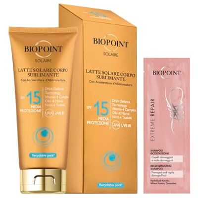 BIOPOINT Solaire Sublimerende zonnemelk SPF 15 met bruiningsversneller, antioxiderende en hydraterende werking, 200 ml met Champion Extreme Repair Shampoo 10 ml BIOPOINT Solaire Sublimerende zonnemelk SPF 15 met bruiningsversneller, antioxiderende en hydraterende werking, 200 ml met Champion Extreme Repair Shampoo 10 ml