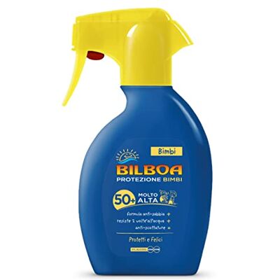 Bilboa Kinder zonnetrigger voor kinderen met SPF 50+ bescherming, zandvrije formule, waterdicht en zonnebrand, dermatologisch getest, 250 ml Bilboa Kinder zonnetrigger voor kinderen met SPF 50+ bescherming, zandvrije formule, waterdicht en zonnebrand, dermatologisch getest, 250 ml