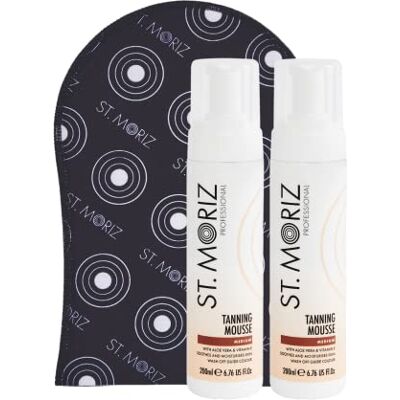 ST. MORIZ St Moriz Onmiddellijk zelfbruinend schuim, 2 x 200 ml, medium en St Moriz bruiningswanten ST. MORIZ St Moriz Onmiddellijk zelfbruinend schuim, 2 x 200 ml, medium en St Moriz bruiningswanten