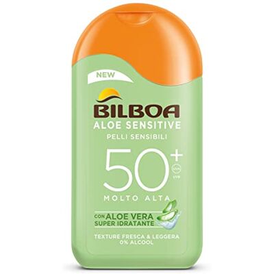 Bilboa , Aloë Sensitive zonnebrandcrème SPF 50+, hoge zonnemelk voor de gevoelige huid, formule met aloë vera, alcoholvrij, dermatologisch getest, 200 ml Bilboa , Aloë Sensitive zonnebrandcrème SPF 50+, hoge zonnemelk voor de gevoelige huid, formule met aloë vera, alcoholvrij, dermatologisch getest, 200 ml