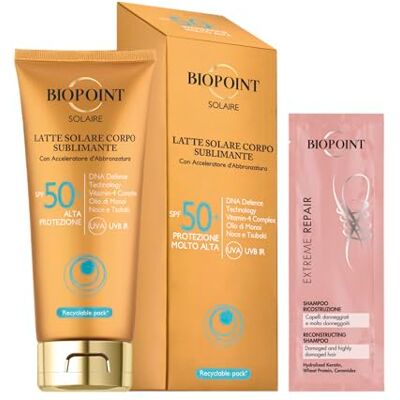 BIOPOINT Solaire Sublimerende zonnemelk SPF 50+ met bruiningsversneller, antioxiderende en hydraterende werking, 200 ml met Champion Extreme Repair Shampoo 10 ml BIOPOINT Solaire Sublimerende zonnemelk SPF 50+ met bruiningsversneller, antioxiderende en hydraterende werking, 200 ml met Champion Extreme Repair Shampoo 10 ml
