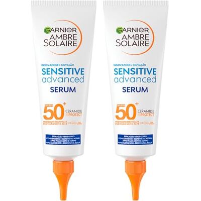 Garnier Ambre Solaire Sensitive Advanced gezichts- en lichaamsserum, SPF 50+, voor de gevoelige huid, 2 flessen van 127 ml + strandtent Amber Solar Garnier Ambre Solaire Sensitive Advanced gezichts- en lichaamsserum, SPF 50+, voor de gevoelige huid, 2 flessen van 127 ml + strandtent Amber Solar