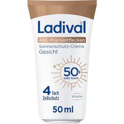 Ladival Anti-pigmentvlekken zonnebrandcrème voor het gezicht SPF 50+ tegen pigmentvlekken met niacinamide en vitamine E, celbescherming, UVA- en UVB-bescherming, 50 ml Ladival Anti-pigmentvlekken zonnebrandcrème voor het gezicht SPF 50+ tegen pigmentvlekken met niacinamide en vitamine E, celbescherming, UVA- en UVB-bescherming, 50 ml