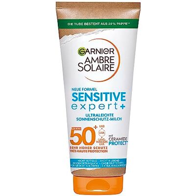 Garnier Ambre Solaire Sensitive Expert+ Zonbeschermingsmelk SPF 50+ zeer lichte en residuvrije zonnecrème voor lichte en gevoelige huid 175 ml Garnier Ambre Solaire Sensitive Expert+ Zonbeschermingsmelk SPF 50+ zeer lichte en residuvrije zonnecrème voor lichte en gevoelige huid 175 ml