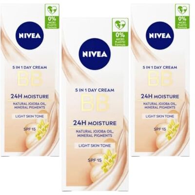NIVEA BB Cream Light 5-in-1 vochtinbrengende crème met biologische jojoba-olie en mineralen, 24 uur werkzaamheid, SPF 15, 3 stuks NIVEA BB Cream Light 5-in-1 vochtinbrengende crème met biologische jojoba-olie en mineralen, 24 uur werkzaamheid, SPF 15, 3 stuks