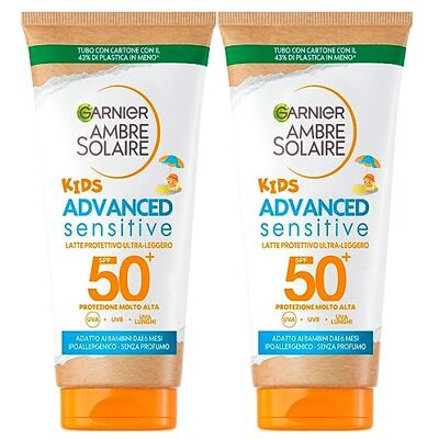Garnier Ambre Solaire Kids Advanced Sensitive SPF 50+ zonnemelk, zeer hoge bescherming voor kinderen, hypoallergeen, 2 flessen van 50 ml Garnier Ambre Solaire Kids Advanced Sensitive SPF 50+ zonnemelk, zeer hoge bescherming voor kinderen, hypoallergeen, 2 flessen van 50 ml