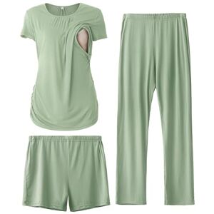 SUNNYBUY 3-delige borstvoedingspyjamaset voor dames, korte mouwen en zwangerschapsbroek, zwangerschapskleding, Grijs/Groen M SUNNYBUY 3-delige borstvoedingspyjamaset voor dames, korte mouwen en zwangerschapsbroek, zwangerschapskleding, Grijs/Groen M