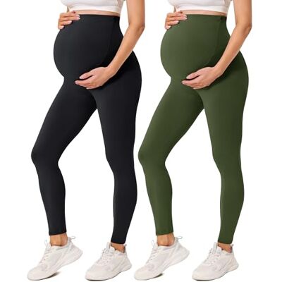 BAYDI Creamlush Zwangerschapslegging voor dames, met verstelbare buikondersteuning, hoge taille, zacht, ondoorzichtig, comfortabel, yoga, vrije tijd, 2 stuks, zwart/olijfgroen, M M BAYDI Creamlush Zwangerschapslegging voor dames, met verstelbare buikondersteuning, hoge taille, zacht, ondoorzichtig, comfortabel, yoga, vrije tijd, 2 stuks, zwart/olijfgroen, M M