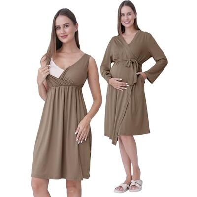 SUNNYBUY Zwangerschaps- en borstvoedingsnachthemd met 2-delige ochtendjas, 3-in-1 zwangerschapsnachtkledingset voor bevalling, kraambed en borstvoeding, Bruin, M M SUNNYBUY Zwangerschaps- en borstvoedingsnachthemd met 2-delige ochtendjas, 3-in-1 zwangerschapsnachtkledingset voor bevalling, kraambed en borstvoeding, Bruin, M M