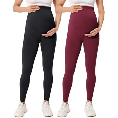 BAYDI Creamlush Zwangerschapslegging voor dames, met verstelbare buikondersteuning, hoge taille, zacht, ondoorzichtig, comfortabel, yoga, vrije tijd, 2 stuks, zwart/wijnrood, M M BAYDI Creamlush Zwangerschapslegging voor dames, met verstelbare buikondersteuning, hoge taille, zacht, ondoorzichtig, comfortabel, yoga, vrije tijd, 2 stuks, zwart/wijnrood, M M