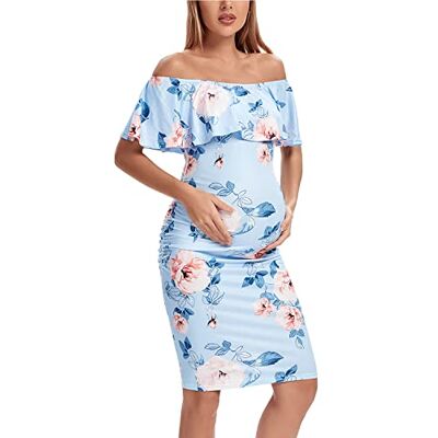 Shen&Qege Casual zwangerschapsjurk met blote schouders, ruches, mouwloos, nauwsluitend, zwangerschapsmode in de zomer, Bloemen 6, M M Shen&Qege Casual zwangerschapsjurk met blote schouders, ruches, mouwloos, nauwsluitend, zwangerschapsmode in de zomer, Bloemen 6, M M
