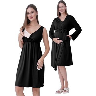 SUNNYBUY Zwangerschaps- en borstvoedingsnachthemd met 2-delige ochtendjas, 3-in-1 zwangerschapsnachtkledingset voor bevalling, kraambed en borstvoeding, zwart., M M SUNNYBUY Zwangerschaps- en borstvoedingsnachthemd met 2-delige ochtendjas, 3-in-1 zwangerschapsnachtkledingset voor bevalling, kraambed en borstvoeding, zwart., M M