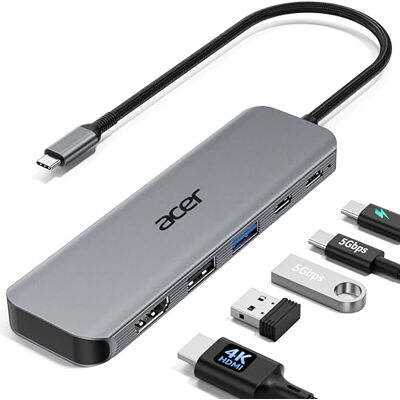 Acer 5-in-1 USB C-hub, USB-C naar HDMI-adapter 4K @60Hz, gegevensoverdracht USB A en USB-C 5 Gbps, PD opladen 100 W, aluminium + nylon voor iPhone 17/16, MacBook, iPad Pro/Air, Surface enz. Acer 5-in-1 USB C-hub, USB-C naar HDMI-adapter 4K @60Hz, gegevensoverdracht USB A en USB-C 5 Gbps, PD opladen 100 W, aluminium + nylon voor iPhone 17/16, MacBook, iPad Pro/Air, Surface enz.