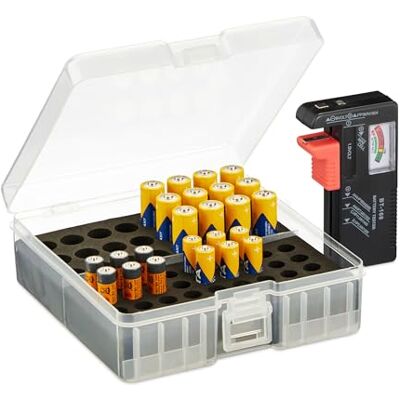 Relaxdays Batterijbox met tester, geschikt voor 60 AA- en AAA-batterijen, h x b x d: 5,5 x 15 x 15,5 cm, batterijbox, transparant/zwart Relaxdays Batterijbox met tester, geschikt voor 60 AA- en AAA-batterijen, h x b x d: 5,5 x 15 x 15,5 cm, batterijbox, transparant/zwart