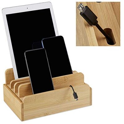 Relaxdays Bamboe laadstation voor meerdere apparaten, tablet en smartphone, kabelbox organizer, h x b x d: 10 x 22,5 x 15 cm, naturel Relaxdays Bamboe laadstation voor meerdere apparaten, tablet en smartphone, kabelbox organizer, h x b x d: 10 x 22,5 x 15 cm, naturel