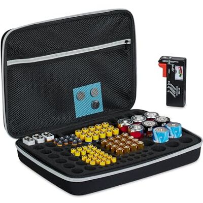 Relaxdays Opbergkoffer met tester voor AAA, AAA, C, D en 9 V batterijen, zwart Relaxdays Opbergkoffer met tester voor AAA, AAA, C, D en 9 V batterijen, zwart