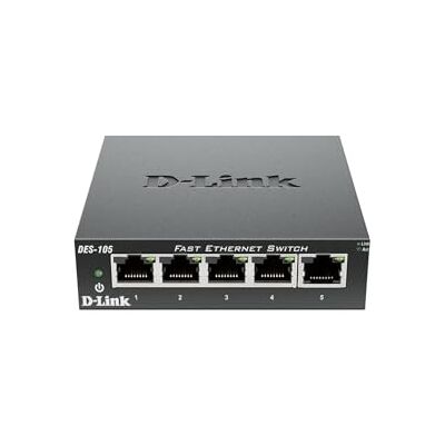 D-Link DES-105 Switch met 5 poorten, ethernet, metaal, 10/100 Mbps, ideaal voor het delen van verbindingen en netwerk, klein/thuiskantoor D-Link DES-105 Switch met 5 poorten, ethernet, metaal, 10/100 Mbps, ideaal voor het delen van verbindingen en netwerk, klein/thuiskantoor
