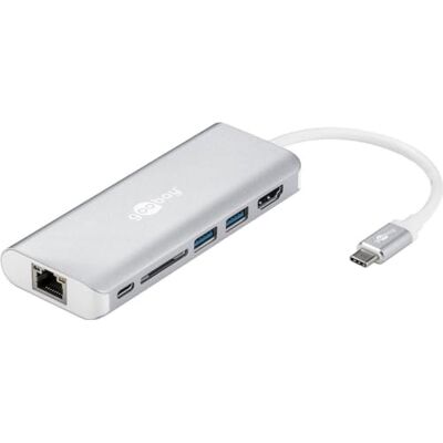 goobay 76788 6 in 1 hub, multipoort-adapter, 1 HDMI-hub, 2 x USB 3.0-poorten (type A), 1 x kaartlezer, 1 x RJ 45 + USB-C poort, Power Delivery, aluminium, zilver goobay 76788 6 in 1 hub, multipoort-adapter, 1 HDMI-hub, 2 x USB 3.0-poorten (type A), 1 x kaartlezer, 1 x RJ 45 + USB-C poort, Power Delivery, aluminium, zilver