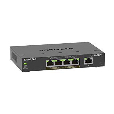 Netgear (GS305EPP) PoE Ethernet Switch 5 poorten RJ45 Gigabit (10/100/1000), Serie Plus Manageable PoE+, RJ45-switch met 4 PoE-poorten 120 W, bureau- of wandpositionering, stil, ideaal voor kleine Netgear (GS305EPP) PoE Ethernet Switch 5 poorten RJ45 Gigabit (10/100/1000), Serie Plus Manageable PoE+, RJ45-switch met 4 PoE-poorten 120 W, bureau- of wandpositionering, stil, ideaal voor kleine