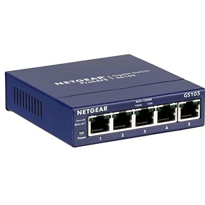 Netgear (GS105) Ethernet Switch met 5 RJ45-poorten, metaal, Gigabit (10/100/1000), RJ45-switch, metaal, positionering op een bureau of muur, ProSAFE bescherming, levenslange garantie, ideaal voor kleine en TPE-doeleinden Netgear (GS105) Ethernet Switch met 5 RJ45-poorten, metaal, Gigabit (10/100/1000), RJ45-switch, metaal, positionering op een bureau of muur, ProSAFE bescherming, levenslange garantie, ideaal voor kleine en TPE-doeleinden