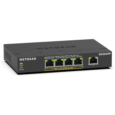 Netgear (GS305PPV3) 5-poorts Gigabit Ethernet PoE Switch met 4 PoE+ tot 83 W, desktop- of rackmontage Netgear (GS305PPV3) 5-poorts Gigabit Ethernet PoE Switch met 4 PoE+ tot 83 W, desktop- of rackmontage