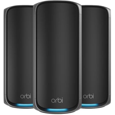 Netgear Orbi Mesh WiFi 7 System RBE973SB 3-pack tot 27 Gbps Dekt tot 660 m² 200 apparaten 10 GB Ethernet-poort Quad-Band BE27000 compatibel met dikke muren en alle boxen zwart Netgear Orbi Mesh WiFi 7 System RBE973SB 3-pack tot 27 Gbps Dekt tot 660 m² 200 apparaten 10 GB Ethernet-poort Quad-Band BE27000 compatibel met dikke muren en alle boxen zwart