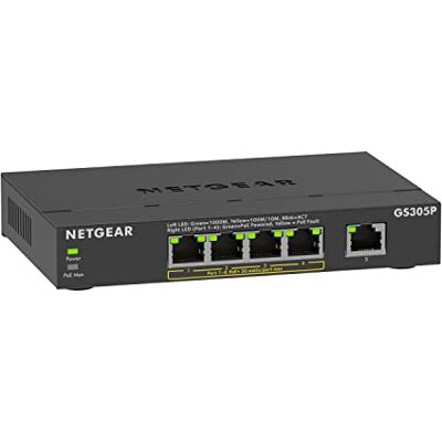 Netgear 5-poorts Gigabit Ethernet PoE Switch (GS305PV3) met 4 PoE+ bij 63 W, desktop- of rekmontage, ultrastil Netgear 5-poorts Gigabit Ethernet PoE Switch (GS305PV3) met 4 PoE+ bij 63 W, desktop- of rekmontage, ultrastil