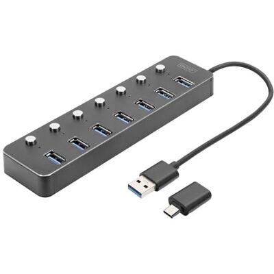 Digitus 7-poorts USB 3.0 hub tot 5 Gbps individueel schakelbare poorten inclusief USB-A naar USB-C adapter Plug & Play aluminium behuizing met voeding donkergrijs Digitus 7-poorts USB 3.0 hub tot 5 Gbps individueel schakelbare poorten inclusief USB-A naar USB-C adapter Plug & Play aluminium behuizing met voeding donkergrijs
