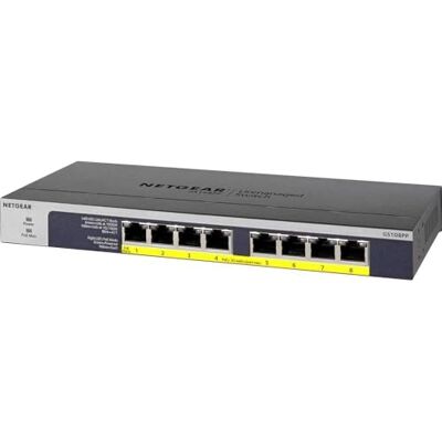 Netgear GS108PP 8-Poort RJ45 metaal gigabit PoE ethernet switch (10/100/1000), RJ45 switch met 8 PoE poorten tot 123 W upgradebaar, desktop, wand- of rekmontagepositie, zwart Netgear GS108PP 8-Poort RJ45 metaal gigabit PoE ethernet switch (10/100/1000), RJ45 switch met 8 PoE poorten tot 123 W upgradebaar, desktop, wand- of rekmontagepositie, zwart
