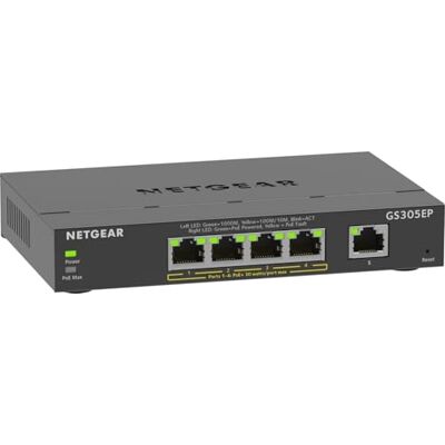 Netgear (GS305EP) Ethernet PoE Switch 5 poorten RJ45 Gigabit (10/100/1000), Serie Plus Manageable PoE, Switch RJ45 4-poorten PoE+, 63 W, positionering op een bureau of aan de muur, stil, PME-Idee Netgear (GS305EP) Ethernet PoE Switch 5 poorten RJ45 Gigabit (10/100/1000), Serie Plus Manageable PoE, Switch RJ45 4-poorten PoE+, 63 W, positionering op een bureau of aan de muur, stil, PME-Idee