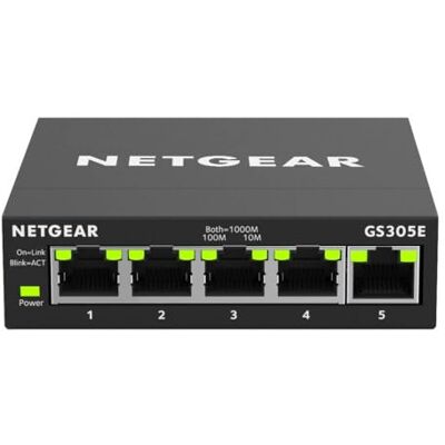 Netgear (GS305E) Ethernet Switch 5 poorten RJ45 Metal Gigabit (10/100/1000), RJ45 Switch Manageable Series Plus, positionering op een bureau of aan de muur, Ethernet-splitter, stille werking Netgear (GS305E) Ethernet Switch 5 poorten RJ45 Metal Gigabit (10/100/1000), RJ45 Switch Manageable Series Plus, positionering op een bureau of aan de muur, Ethernet-splitter, stille werking