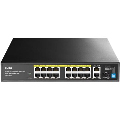 Cudy FS1018PS1 PoE+ Switch 16 poorten met 2 Gigabit verbindingen en SFP-poorten 200 W, 16 PoE+ @ 200 W, Extend/VLAN-modus, 802.3af/at, Fanless, Watchdog, Plug and Play Cudy FS1018PS1 PoE+ Switch 16 poorten met 2 Gigabit verbindingen en SFP-poorten 200 W, 16 PoE+ @ 200 W, Extend/VLAN-modus, 802.3af/at, Fanless, Watchdog, Plug and Play