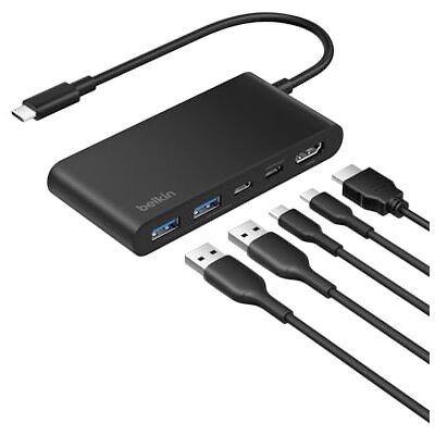 Belkin USB-C-hub met 5 poorten met HDMI 4K bij 60 Hz, Power Delivery 100 W, gegevensoverdracht 5 Gbit/s, voor MacBook, iPad Pro, Chromebook, enz., HDMI 2.0, zwart Belkin USB-C-hub met 5 poorten met HDMI 4K bij 60 Hz, Power Delivery 100 W, gegevensoverdracht 5 Gbit/s, voor MacBook, iPad Pro, Chromebook, enz., HDMI 2.0, zwart