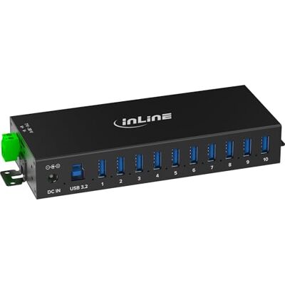 InLine Industriële USB 3.2 Gen.1 hub met 10 poorten, aluminium behuizing, DIN-railmontage, actieve USB-hub met voeding, 5 Gbit/s, 35396C InLine Industriële USB 3.2 Gen.1 hub met 10 poorten, aluminium behuizing, DIN-railmontage, actieve USB-hub met voeding, 5 Gbit/s, 35396C
