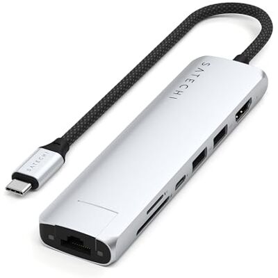 SATECHI USB C Hub 7-in-1 Slim Plus, PD 100W, HDMI 4K, zilver Ethernet, 4K @60Hz video, 2x USB-A 10Gbps, SD/microSD-schijven, voor MacBook Air/Pro/Neo, Windows laptops en meer SATECHI USB C Hub 7-in-1 Slim Plus, PD 100W, HDMI 4K, zilver Ethernet, 4K @60Hz video, 2x USB-A 10Gbps, SD/microSD-schijven, voor MacBook Air/Pro/Neo, Windows laptops en meer