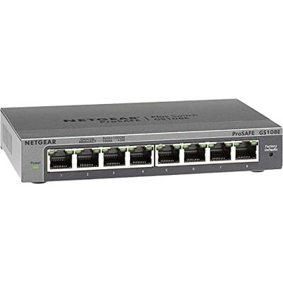 Netgear (GS108EV4) Ethernet-switch met 8 RJ45-poorten, Gigabit metaal (10/100/1000), beheerde serie Plus, metaal, stil, ProSAFE bescherming, perfect voor kleine en middelgrote bedrijven en TPE Netgear (GS108EV4) Ethernet-switch met 8 RJ45-poorten, Gigabit metaal (10/100/1000), beheerde serie Plus, metaal, stil, ProSAFE bescherming, perfect voor kleine en middelgrote bedrijven en TPE