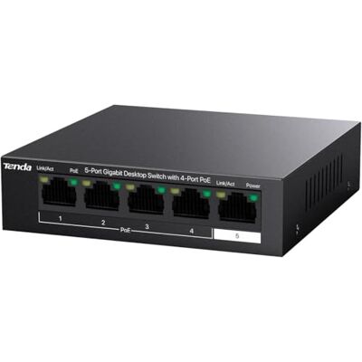 Tenda PoE-switch 5 poorten Gigabit, PoE-switch met 4 poorten PoE 63 W, plug and play, VLAN met één sleutel, 6 KV tegenflits, levering voor APs, IP-camera's en IP-telefoons (TEG1105P-4-63W) Tenda PoE-switch 5 poorten Gigabit, PoE-switch met 4 poorten PoE 63 W, plug and play, VLAN met één sleutel, 6 KV tegenflits, levering voor APs, IP-camera's en IP-telefoons (TEG1105P-4-63W)