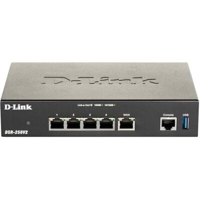 D-Link DSR-250V2 Unified Services VPN-router, Multi-WAN Giga, failover, laadbalans, IPSec/PPTP/L2TP/OpenVPN, dynamische filtering van webcontent, app-bediening, captive portal D-Link DSR-250V2 Unified Services VPN-router, Multi-WAN Giga, failover, laadbalans, IPSec/PPTP/L2TP/OpenVPN, dynamische filtering van webcontent, app-bediening, captive portal